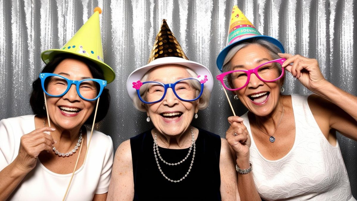 photo booth shot at a nursing home with a silver background with 3 people, using props photo booth shot at a nursing home with a silver background with 3 people, using props