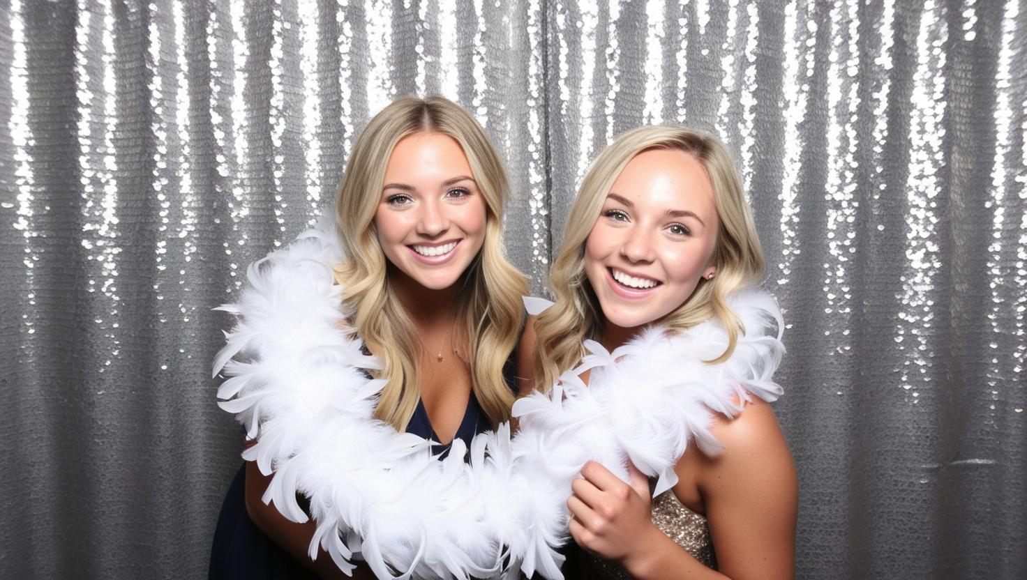 photo booth shot of casual, resident event for an apartment complex, on silver background, with 1 person with blond hair, using boa. do not use a words in image. photo booth shot of casual, resident event for an apartment complex, on silver background, with 1 person with blond hair, using boa. do not use a words in image.